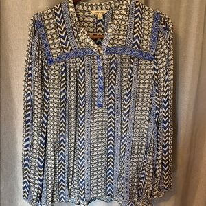 Lucky Brand Geometric Blue and White Beaded Top
